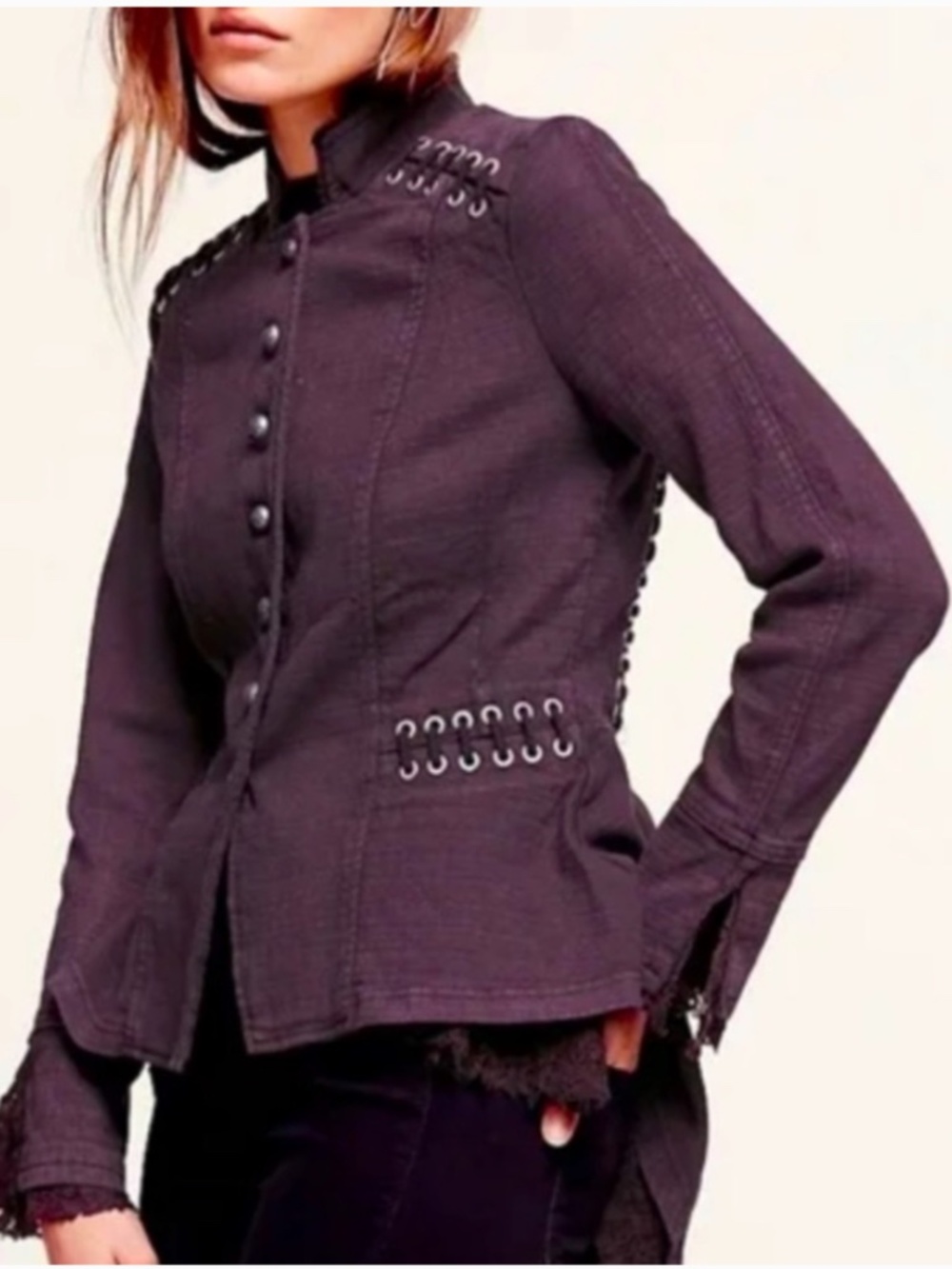 Free People Plum Victorian, Military Lace Ruffle Jacket, Blazer Size XS